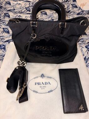 Prada Tessuto Black Nylon Tote with Patent Leather Logo Plaque and With Wallet
